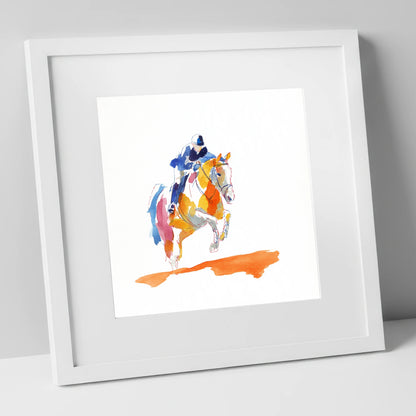 Flight In Colour show jumping horse art print in white frame