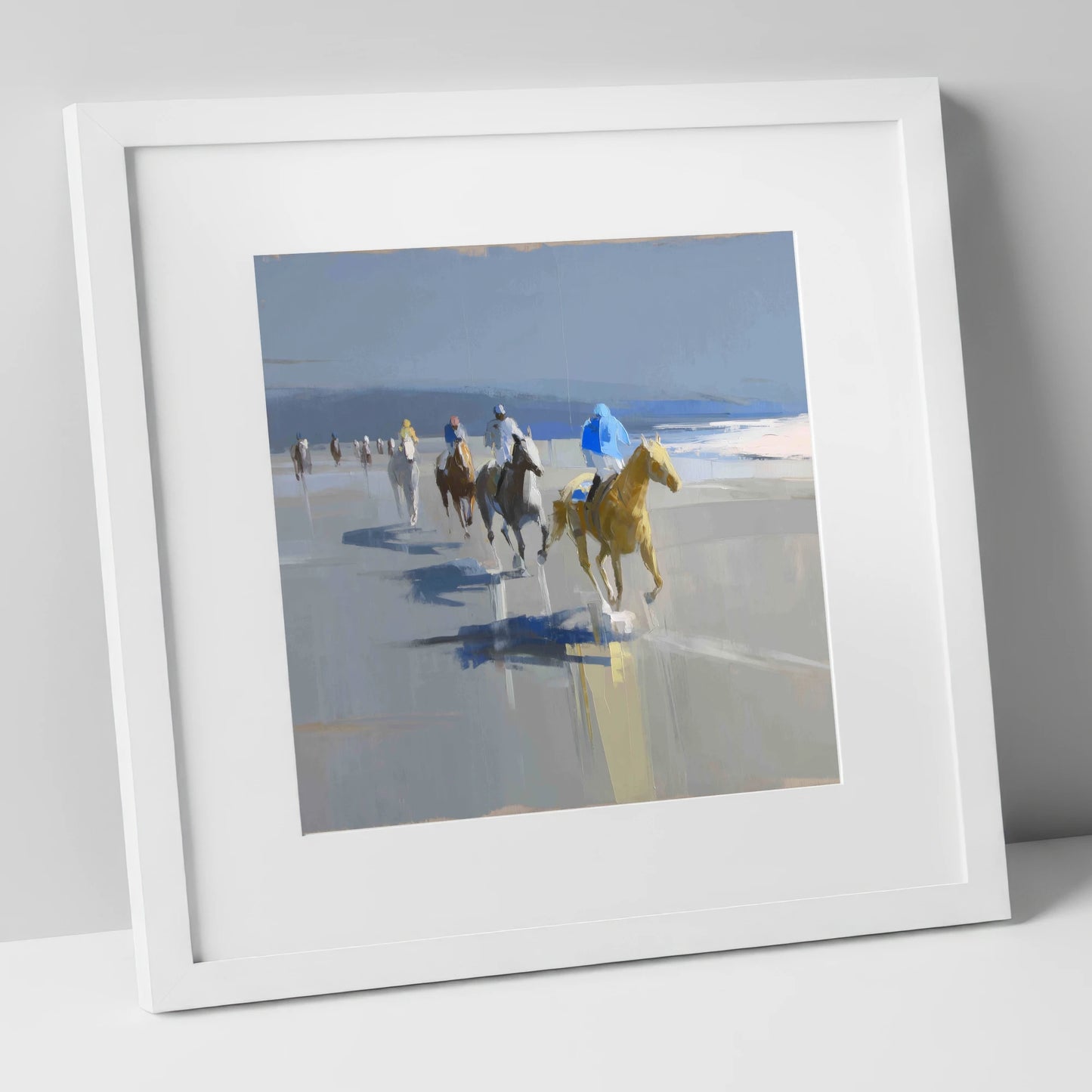 Coastal Morning String racing horse art print in white frame