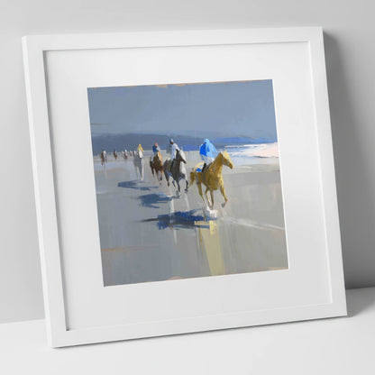 Coastal Morning String racing horse art print in white frame