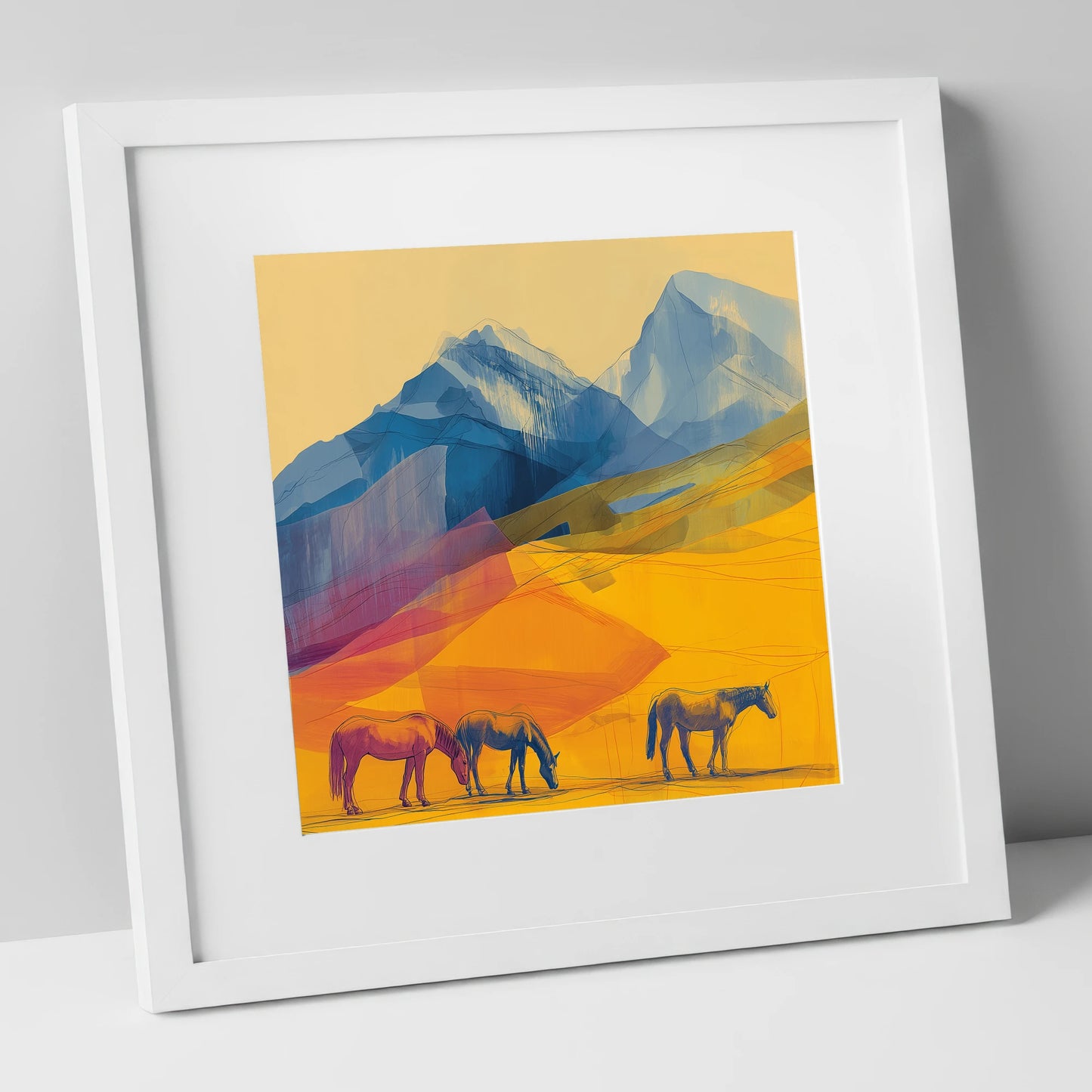 Golden Mountain Pasture horse landscape art print in white frame