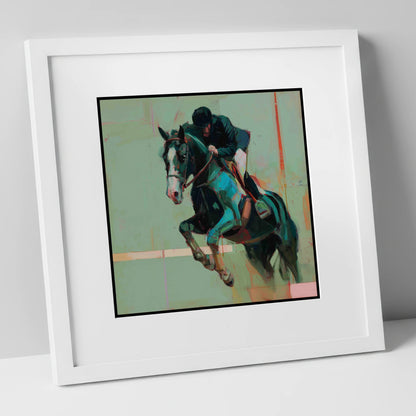 Airborne in Teal show jumping horse art print in white frame