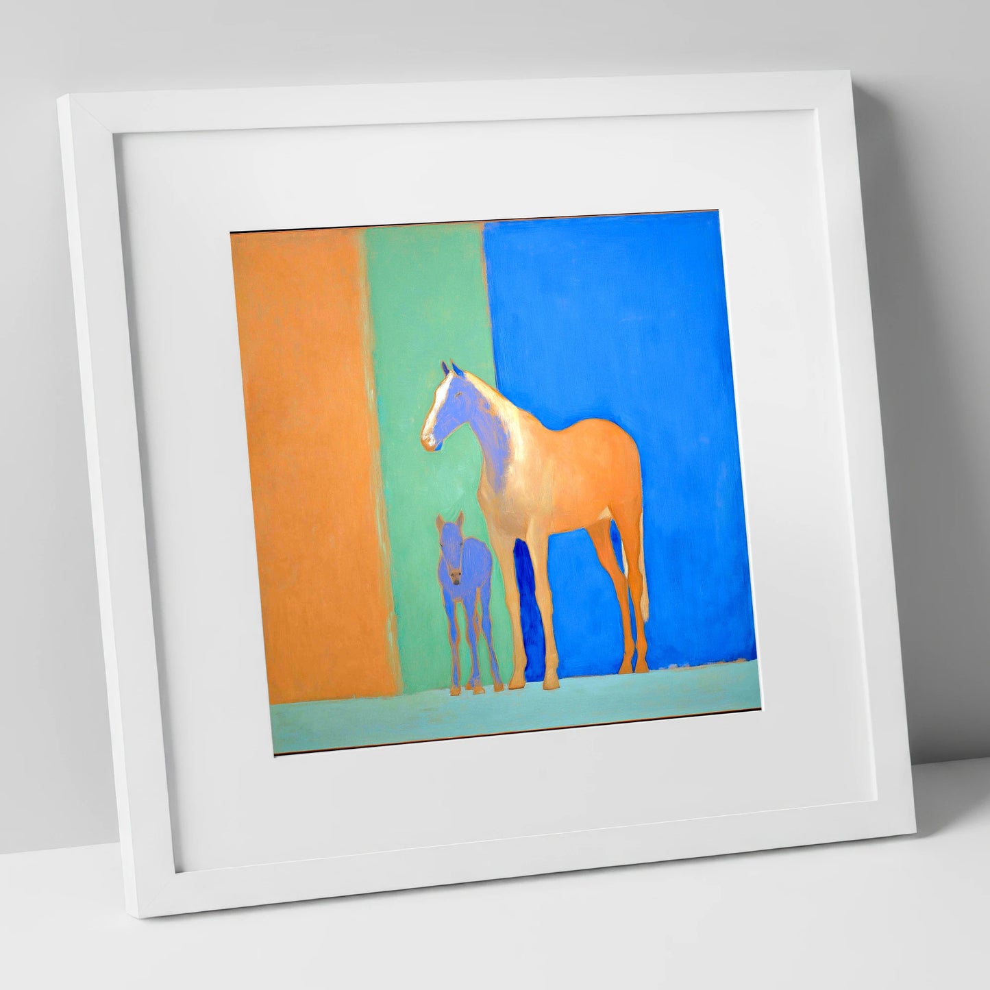 Cobalt and Sand mare & foal art print in white frame
