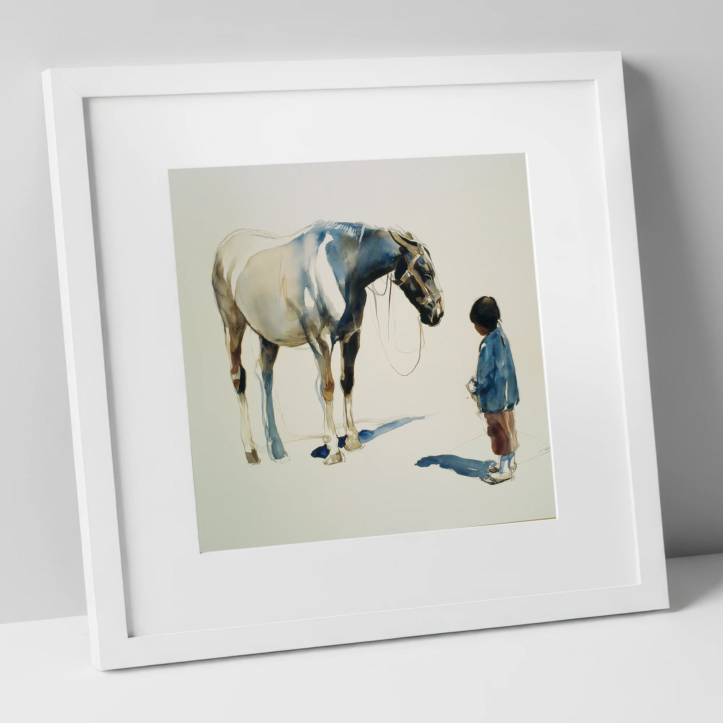 Silent Accord horse & rider art print in white frame