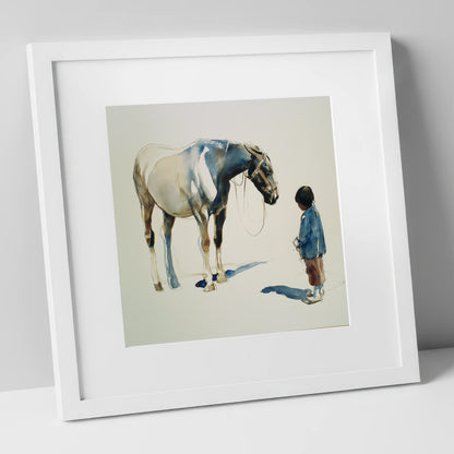 Silent Accord horse & rider art print in white frame