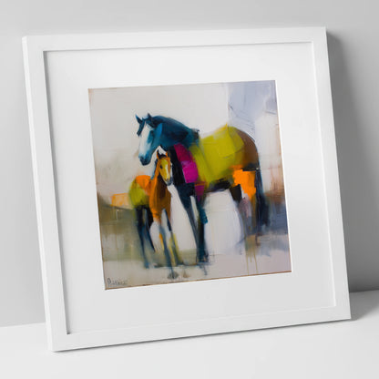 Vibrant Bond mare & foal art print in white frame