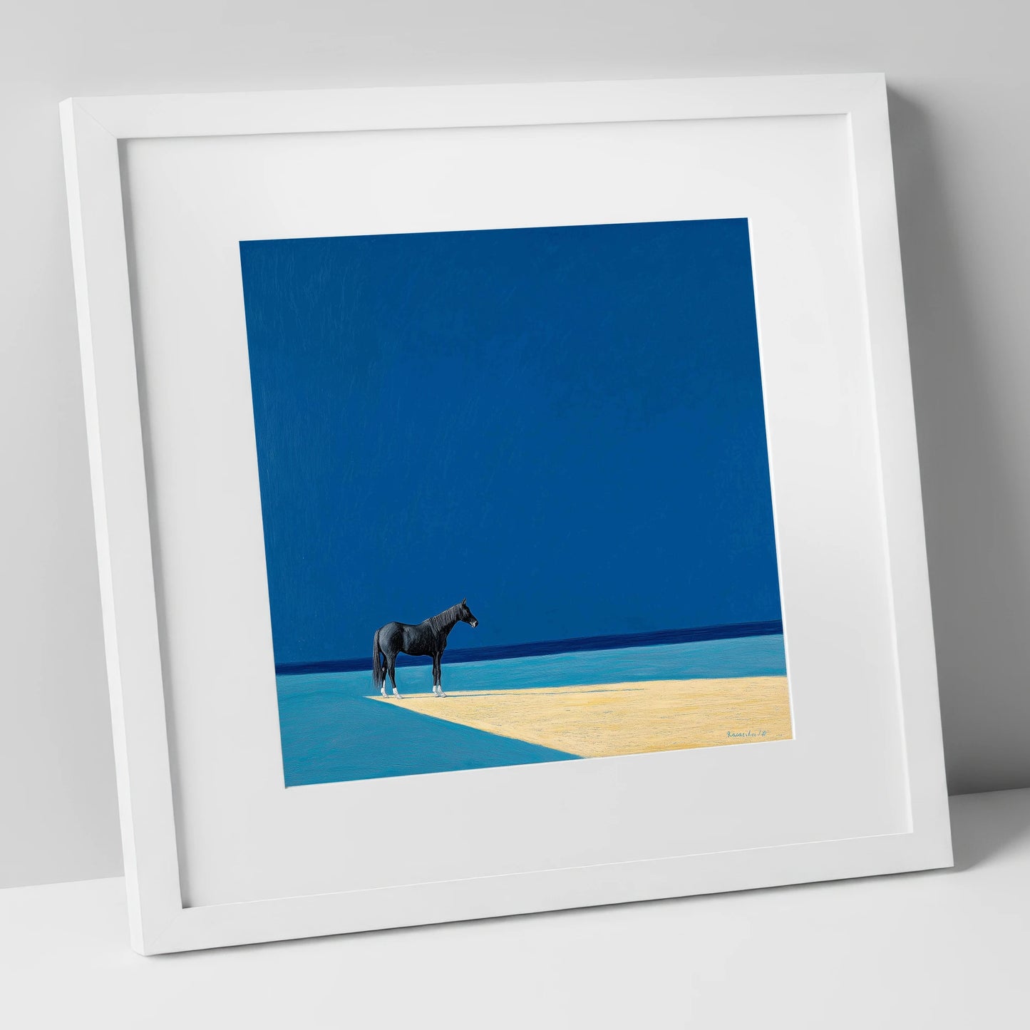 At the Azure Edge horse breed art print in white frame