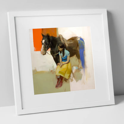 The Colour of Trust horse & rider art print in white frame