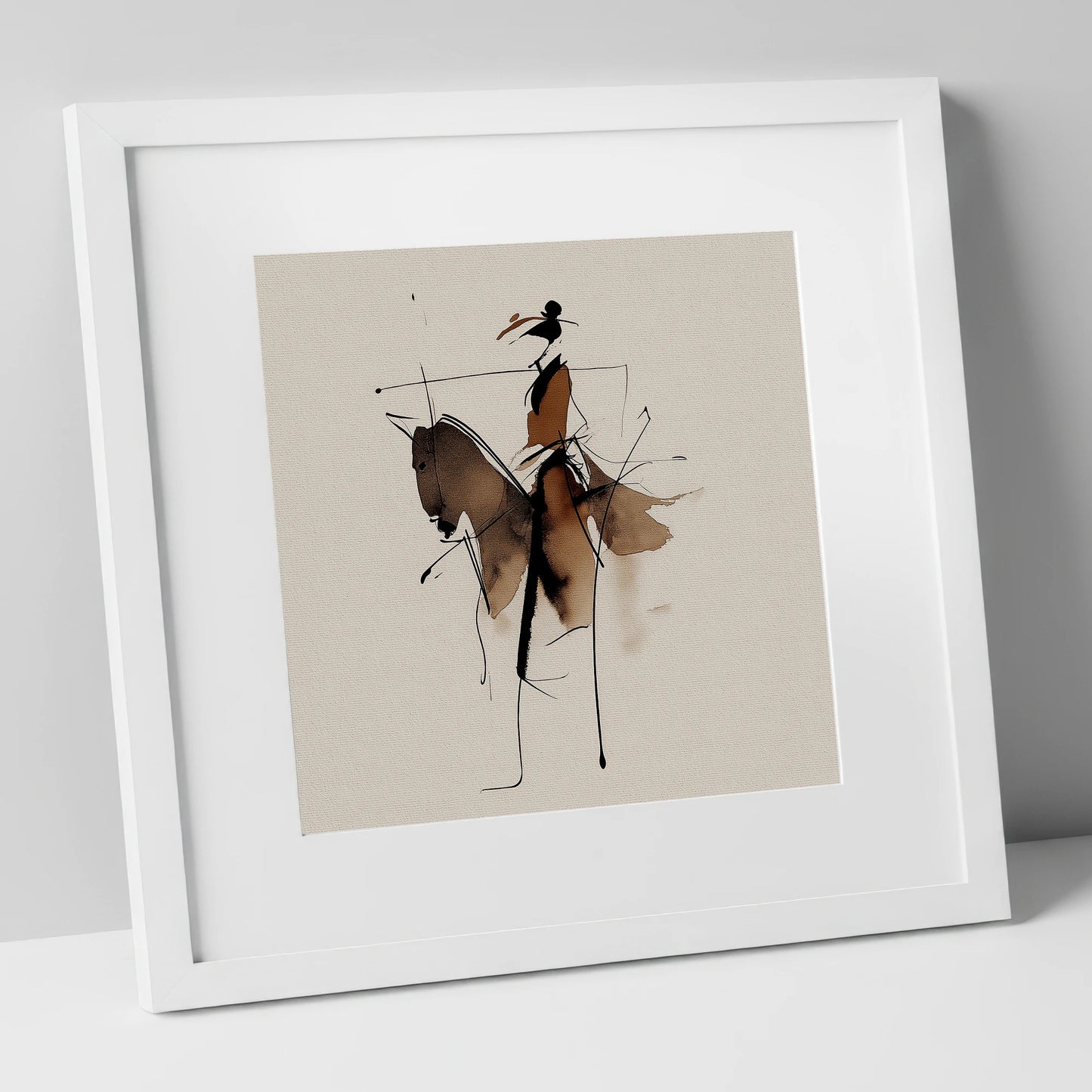 Abstract Sepia Rider horse & rider art print in white frame