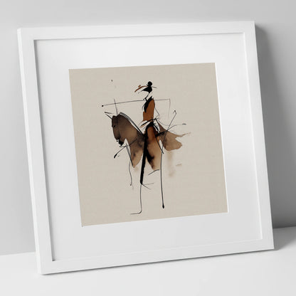 Abstract Sepia Rider horse & rider art print in white frame