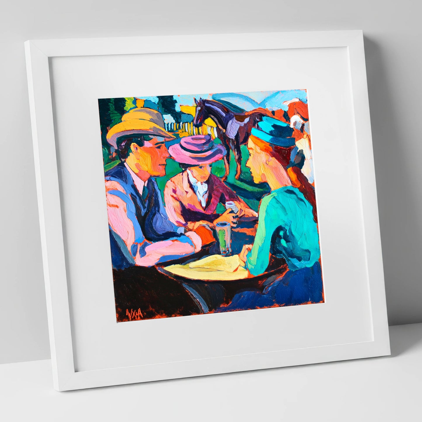 Paddock Society racing horse art print in white frame