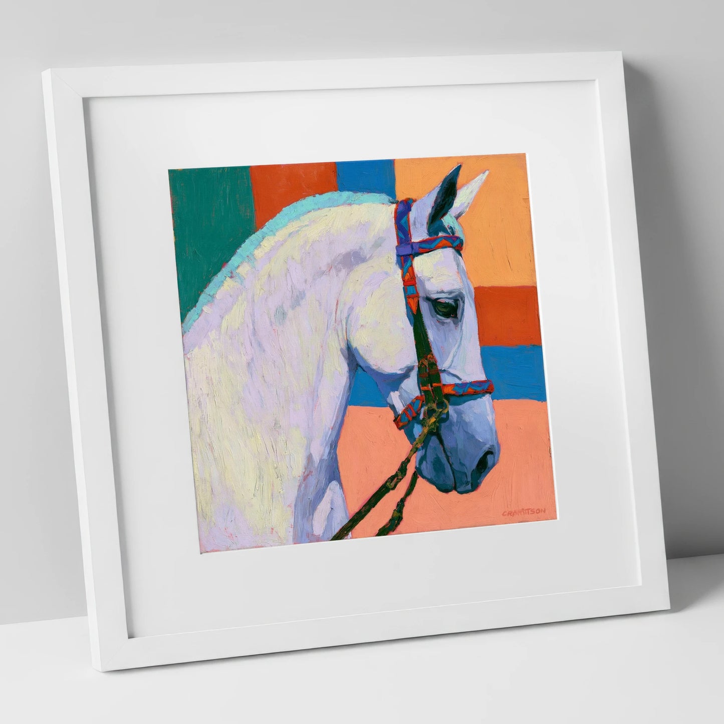 Grey Horse With Patterned Bridle horse breed art print in white frame