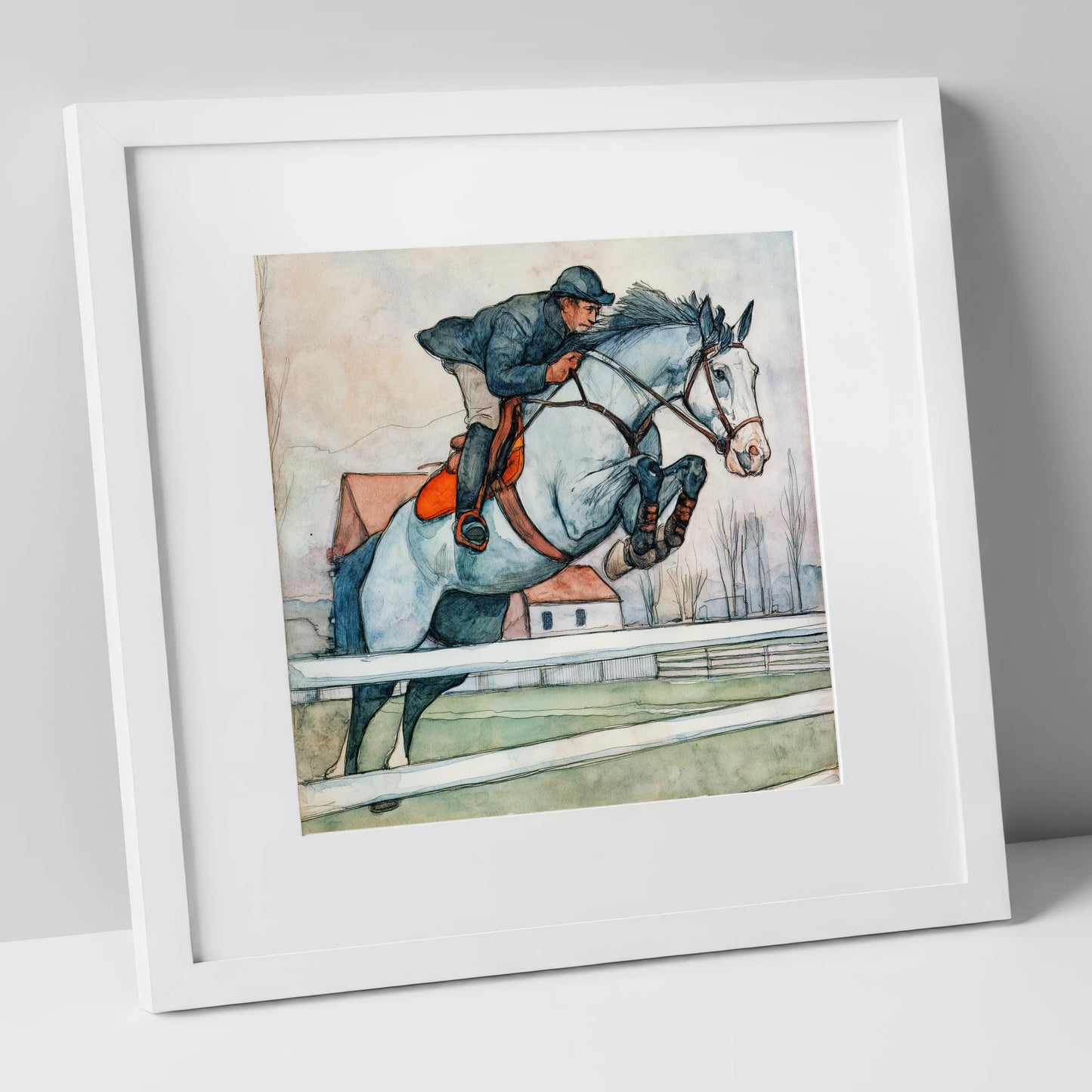 Clearing the Rails show jumping horse art print in white frame