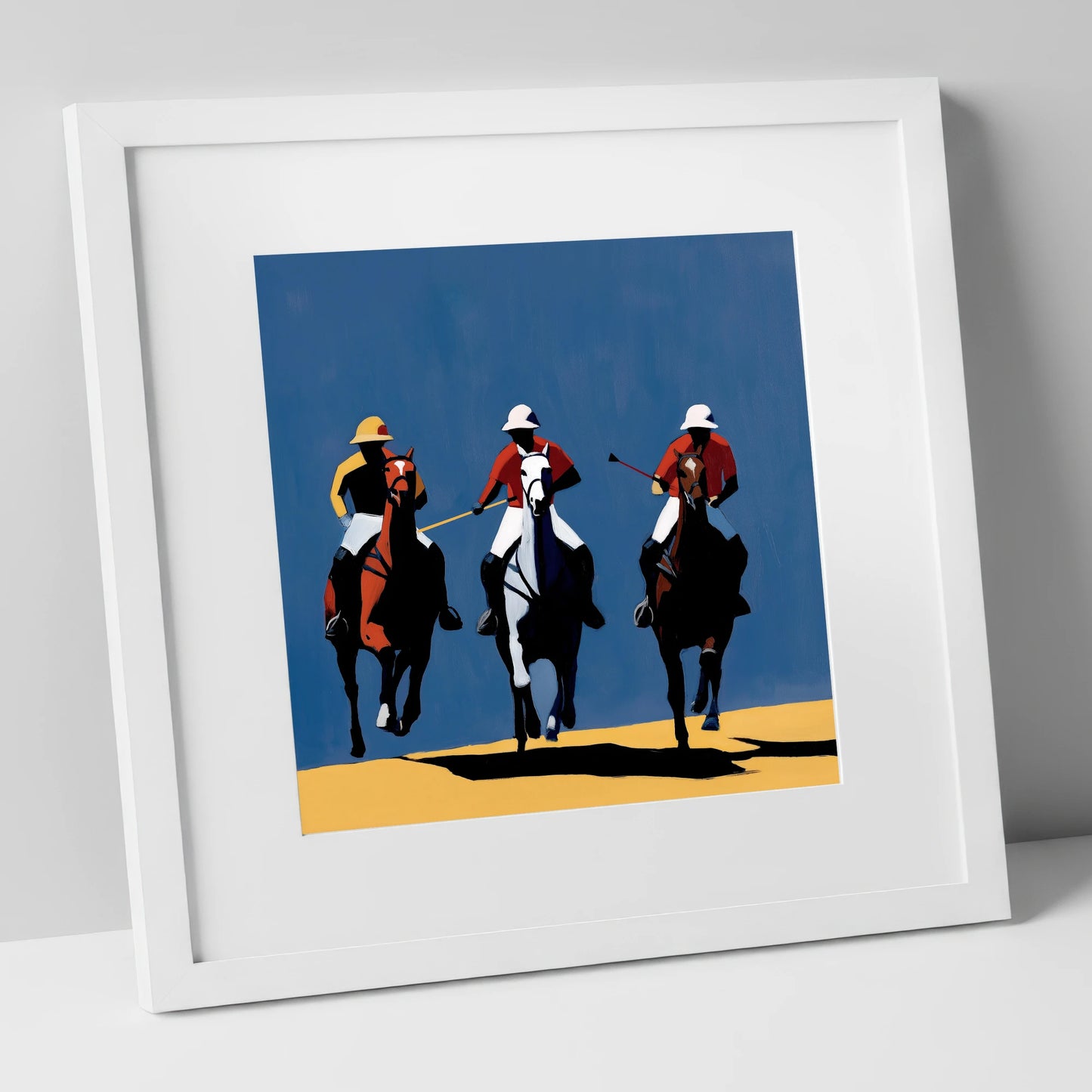 High Goal Charge polo horse art print in white frame