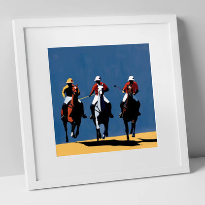High Goal Charge polo horse art print in white frame