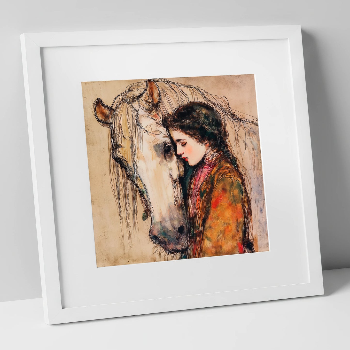 The Silent Language horse & rider art print in white frame