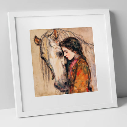 The Silent Language horse & rider art print in white frame