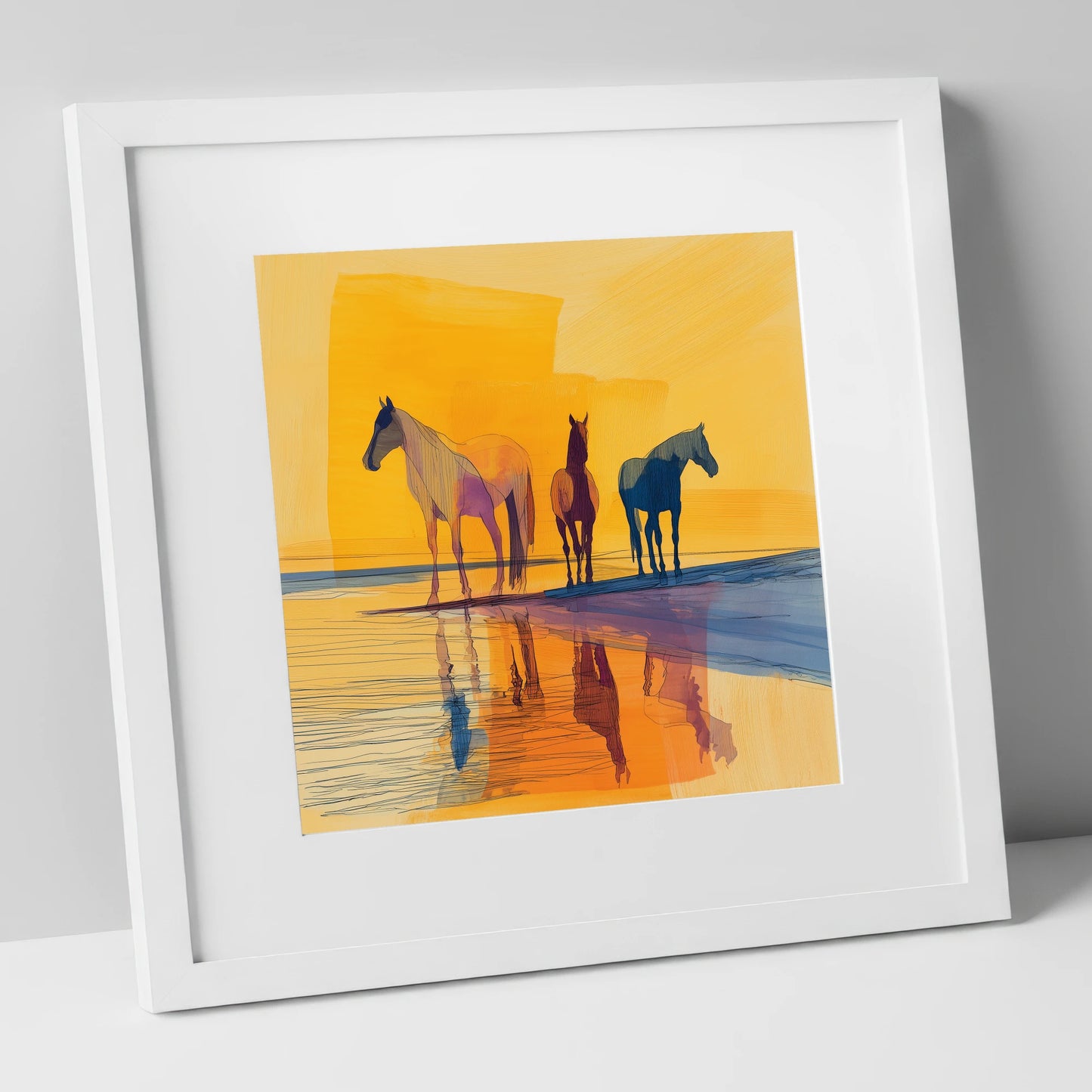 Amber Horizon Horses horse landscape art print in white frame