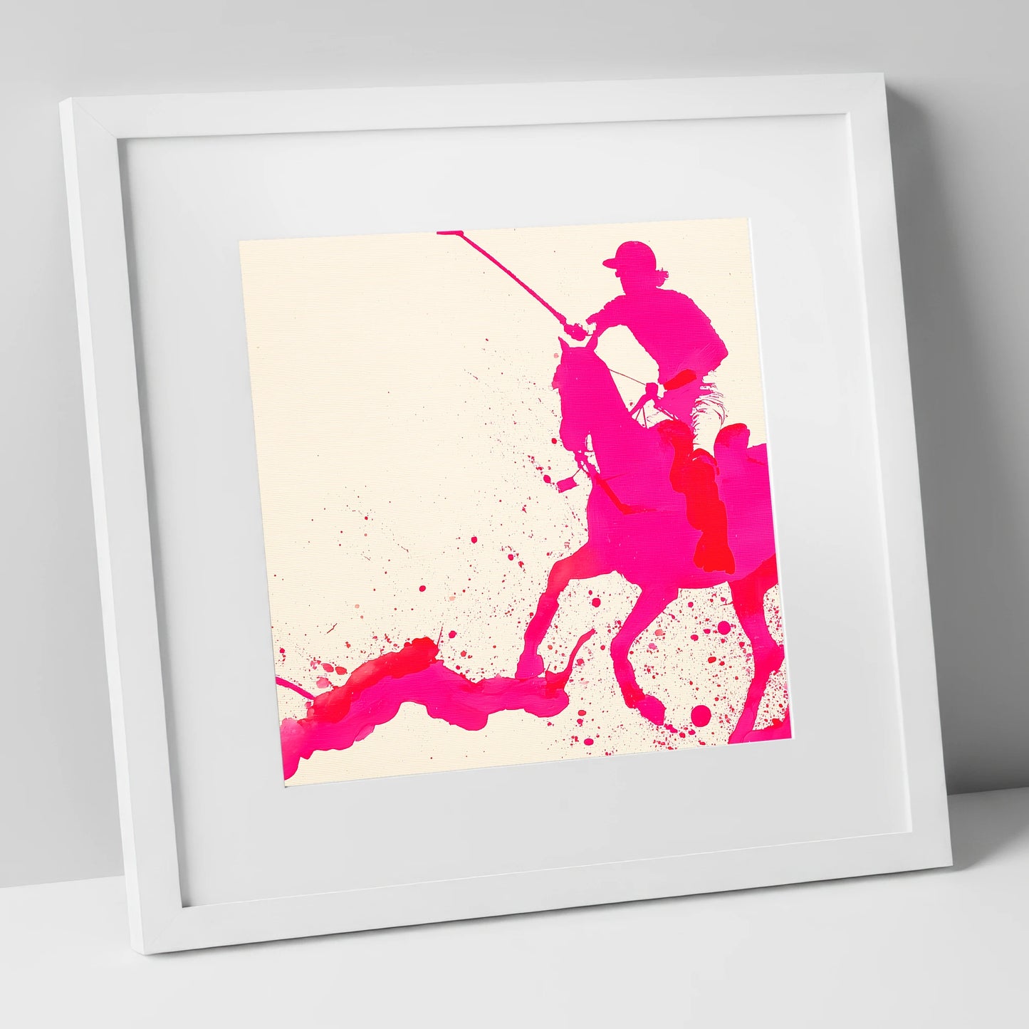 Vibrant Polo Strike polo horse art print in white frame