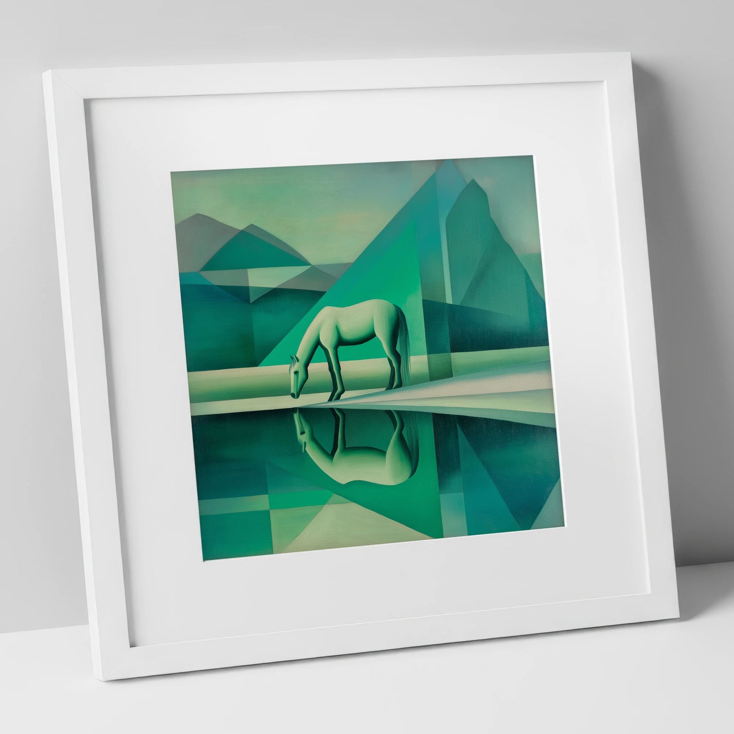Emerald Geometric Serenity horse landscape art print in white frame