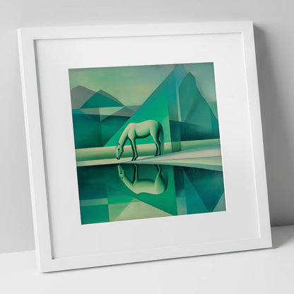 Emerald Geometric Serenity horse landscape art print in white frame