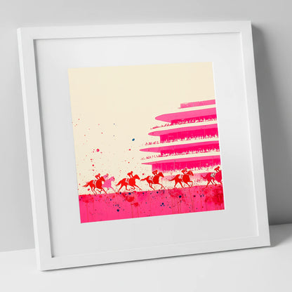 Magenta Grandstand Sprint racing horse art print in white frame