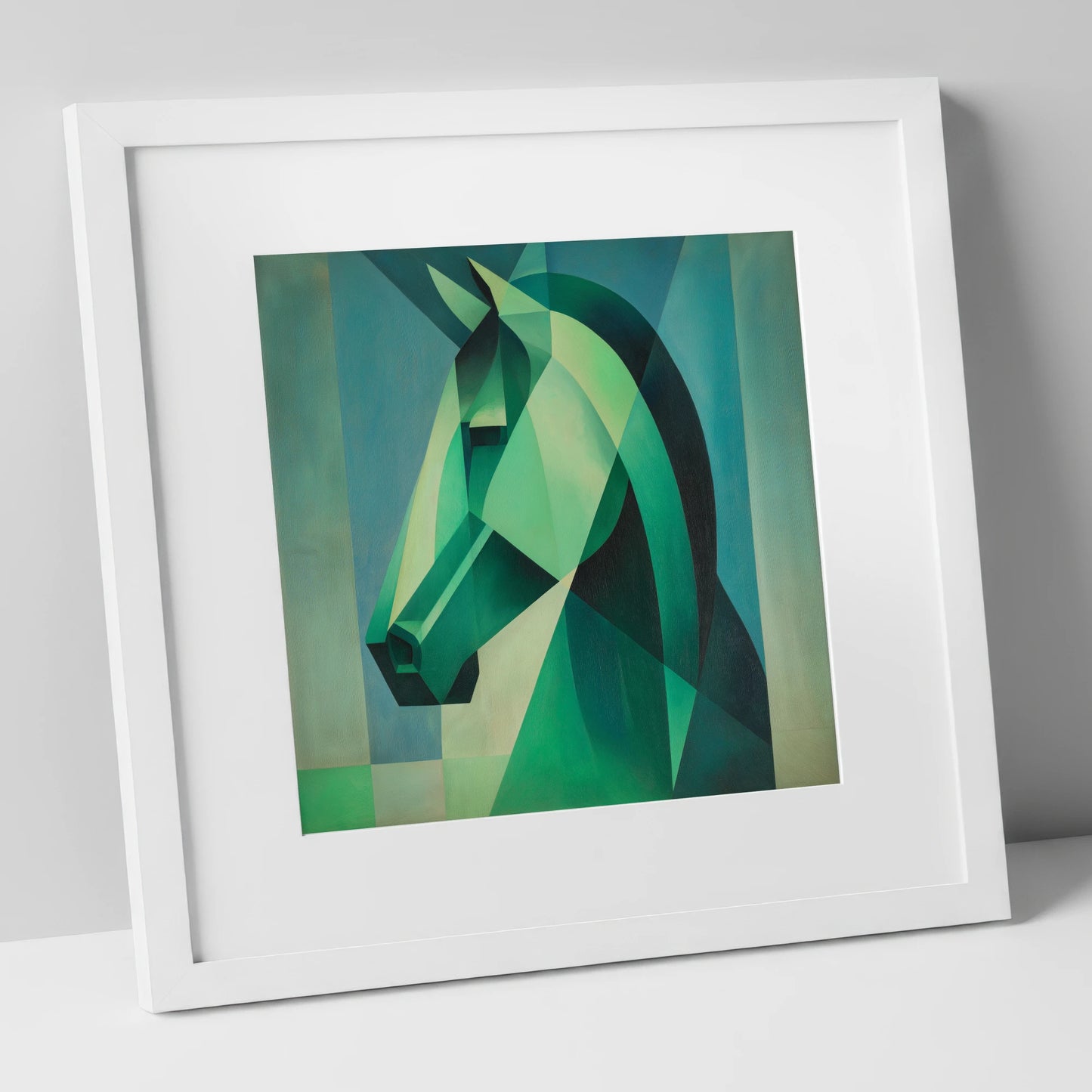 Emerald Geometric Equine horse portrait art print in white frame