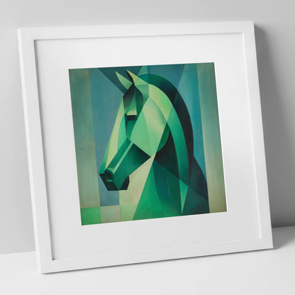 Emerald Geometric Equine horse portrait art print in white frame