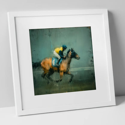Out of the Shadows racing horse art print in white frame