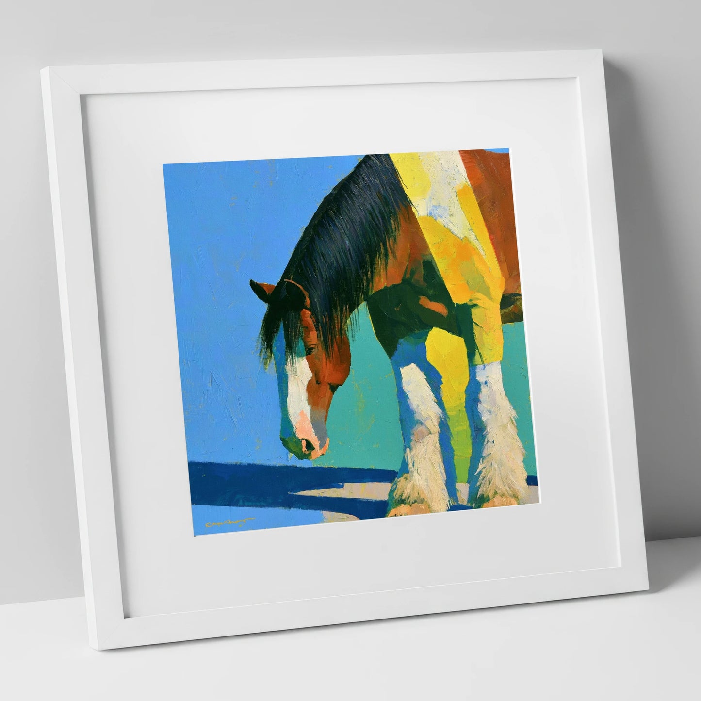 Clydesdale Horse Against Blue Sky horse breed art print in white frame