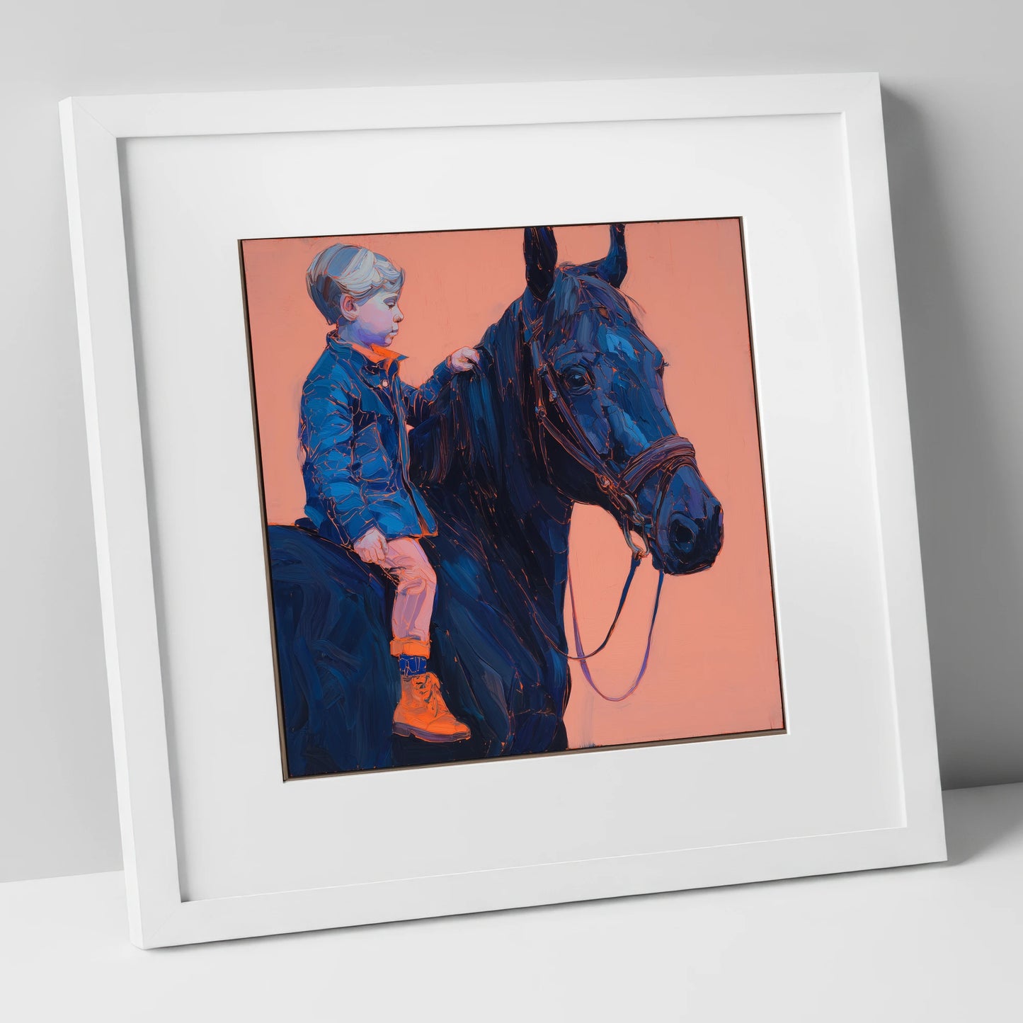 Indigo Beginnings horse & rider art print in white frame