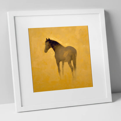Golden Equine Silhouette horse portrait art print in white frame