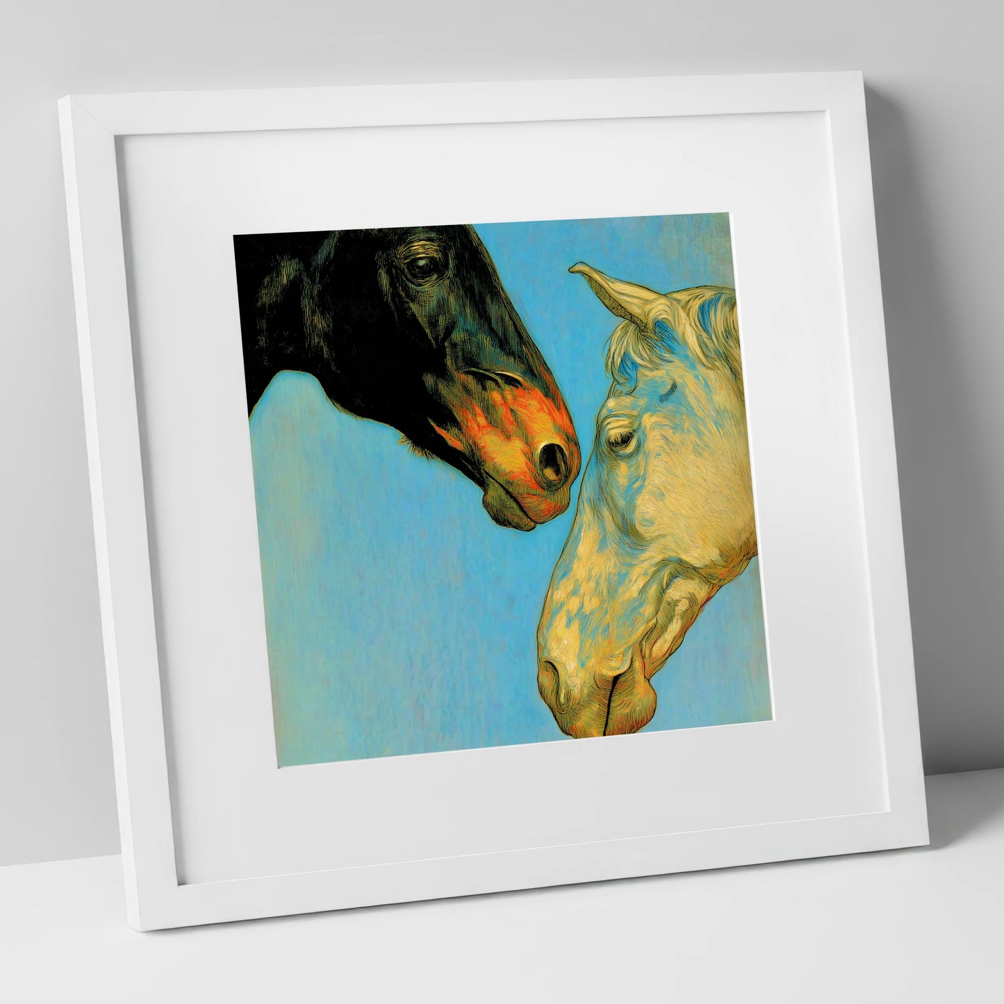 Sun and Shadow horse portrait art print in white frame