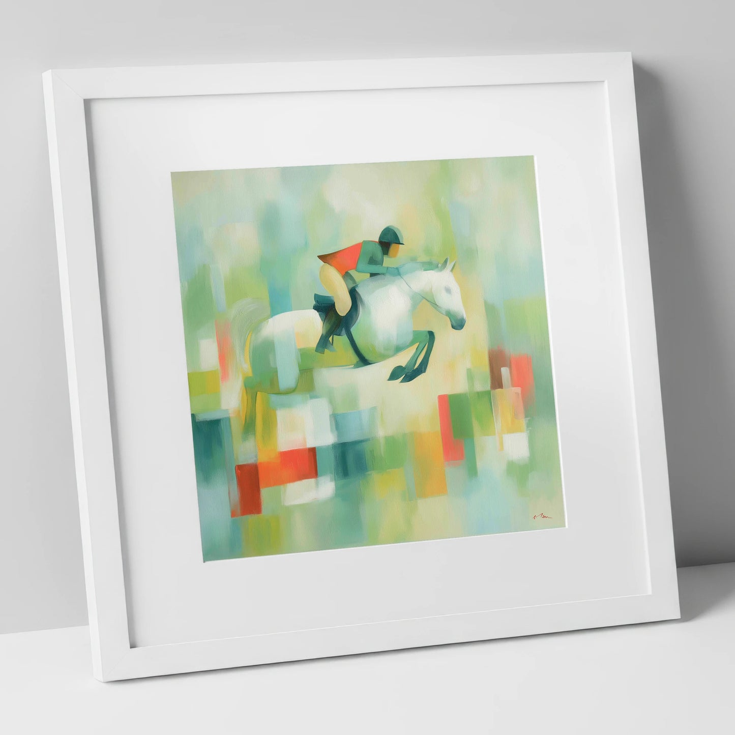 Clearing the Colours show jumping horse art print in white frame