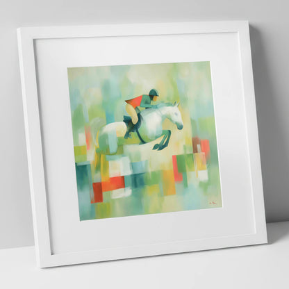 Clearing the Colours show jumping horse art print in white frame