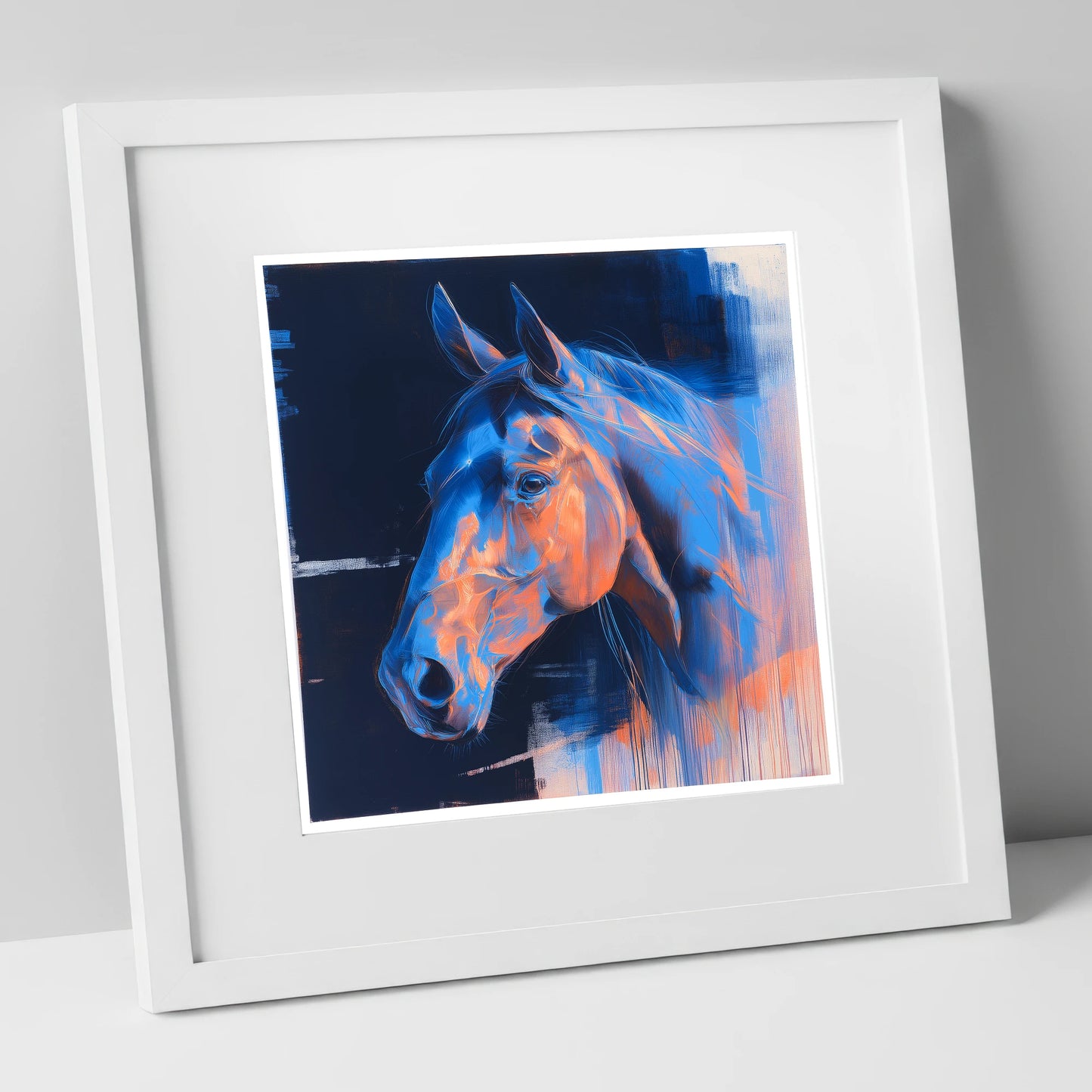 Cobalt and Copper Gaze horse portrait art print in white frame