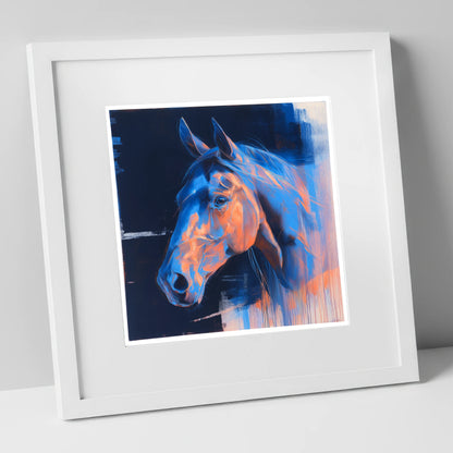 Cobalt and Copper Gaze horse portrait art print in white frame