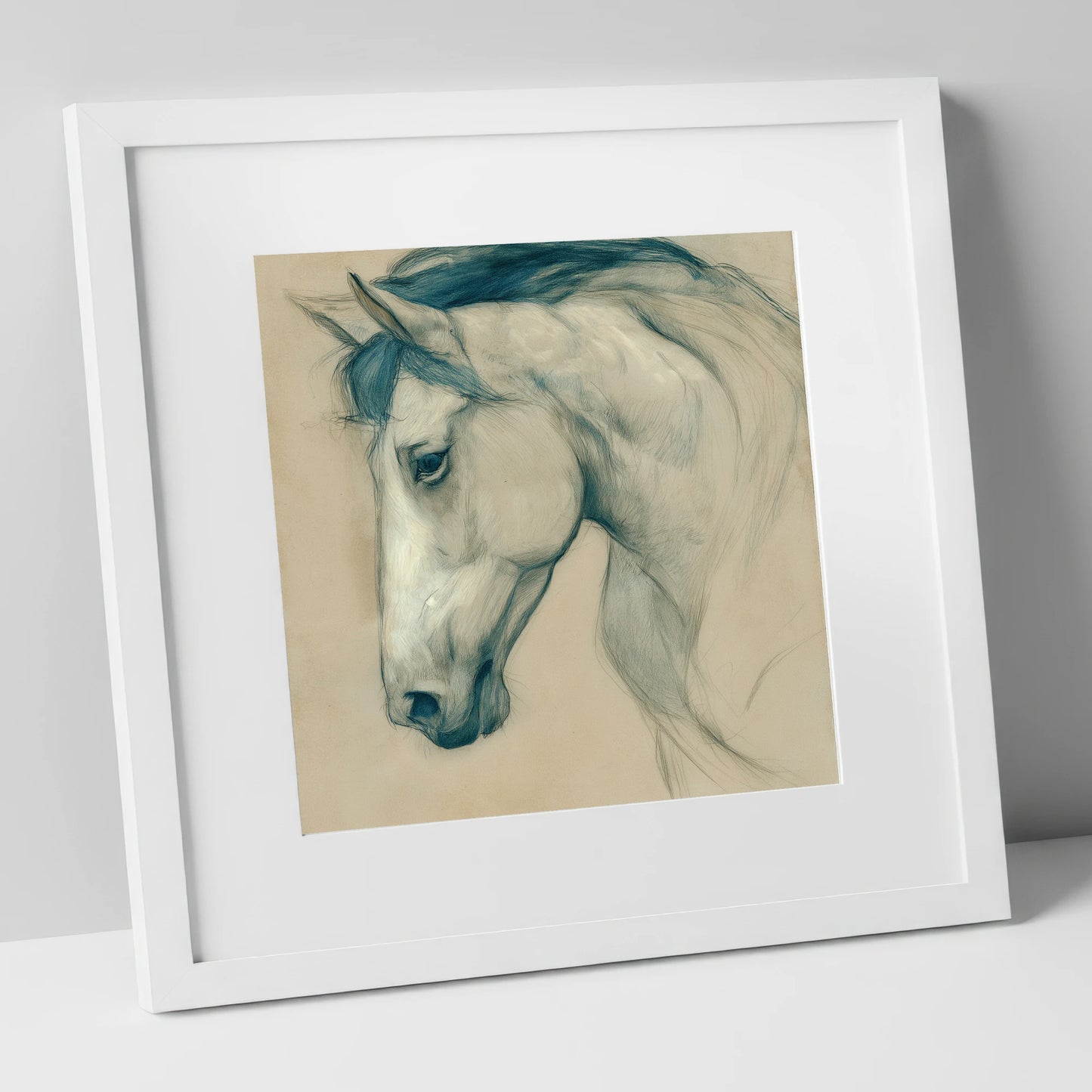 Quiet Grey Profile horse portrait art print in white frame