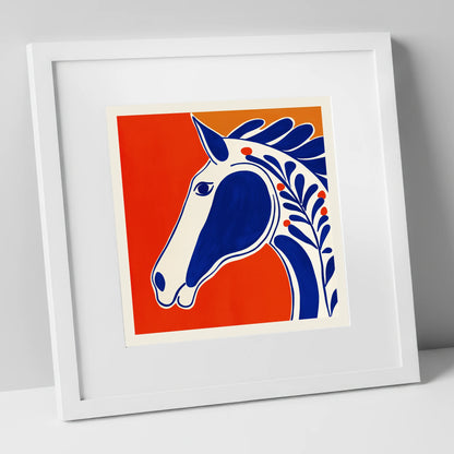 Bold Cobalt Equine Motif horse portrait art print in white frame