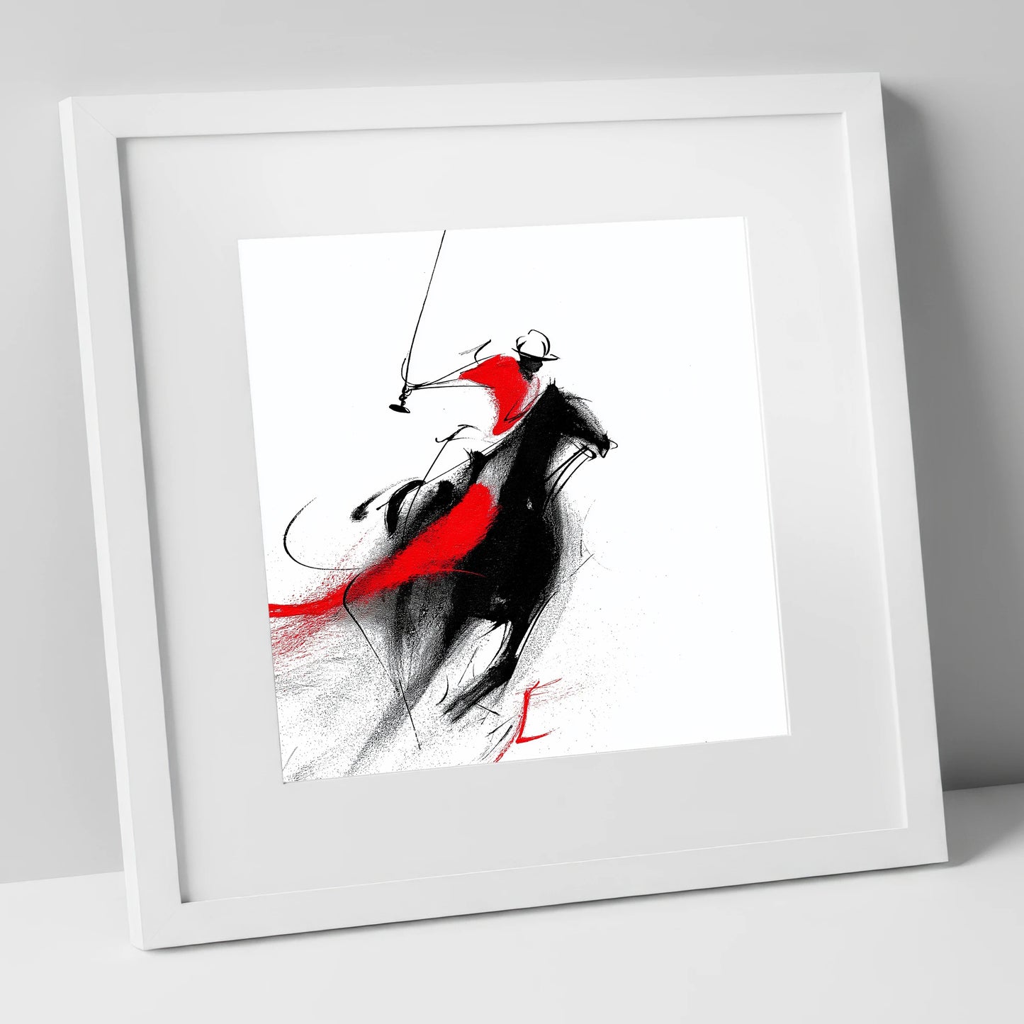 Dynamic Strike polo horse art print in white frame