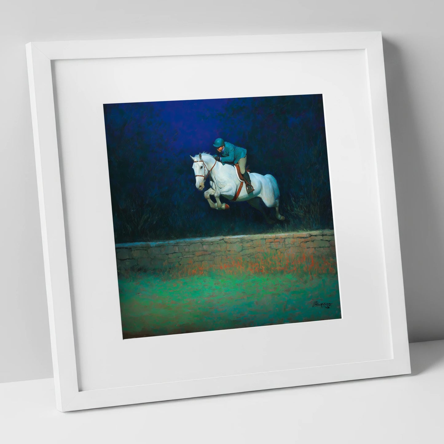 Moonlit Flight show jumping horse art print in white frame