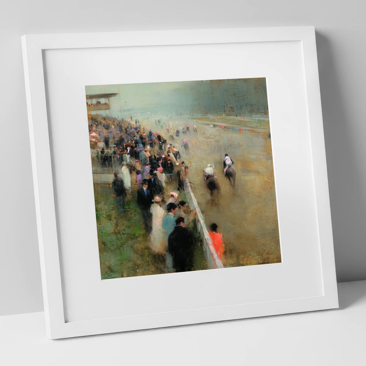Trackside Anticipation racing horse art print in white frame