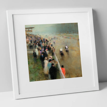 Trackside Anticipation racing horse art print in white frame