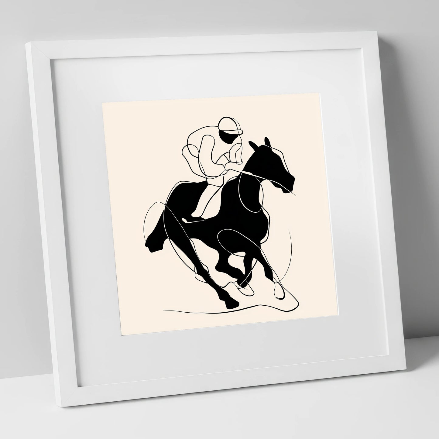 Silhouetted Gallop racing horse art print in white frame