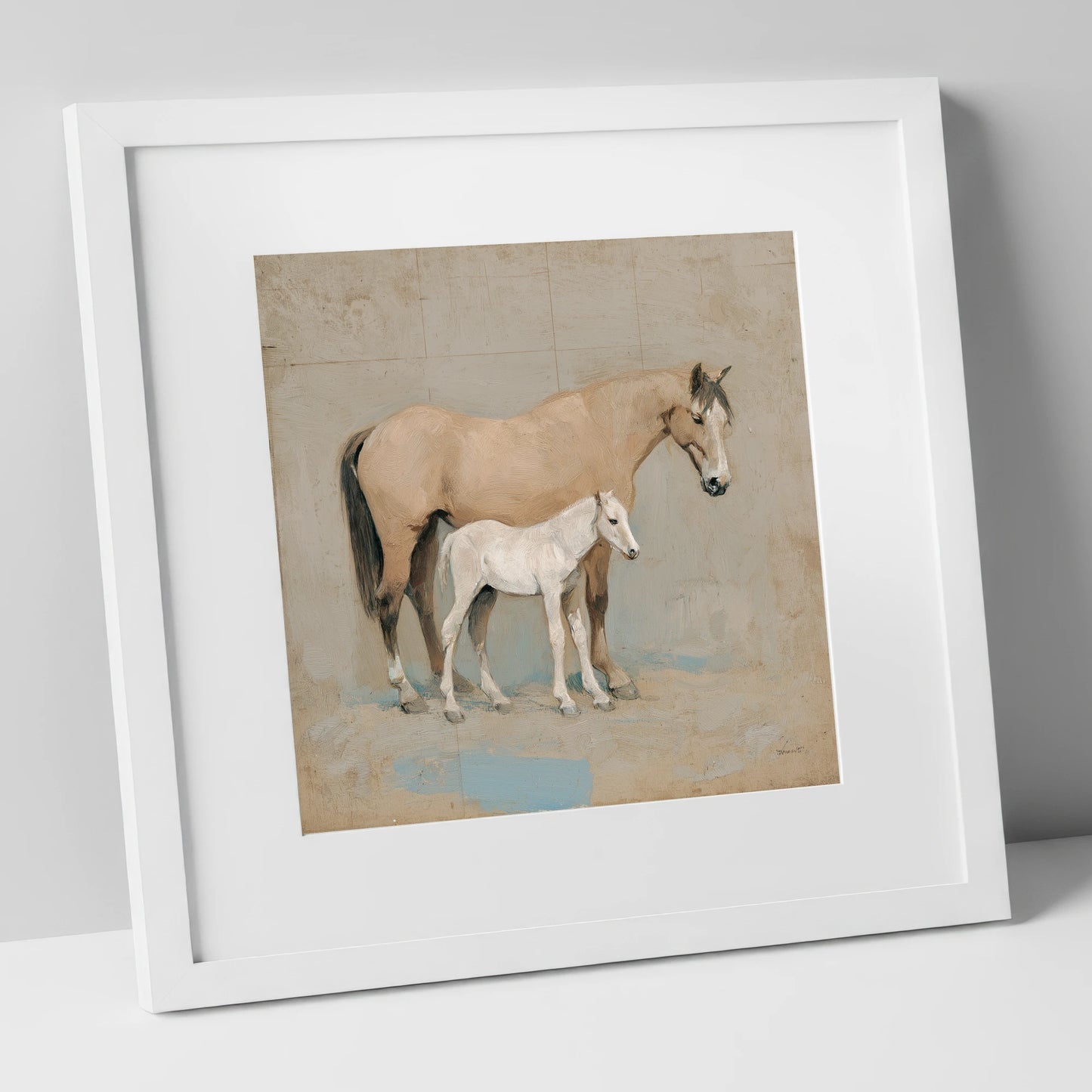 A Quiet Bond mare & foal art print in white frame