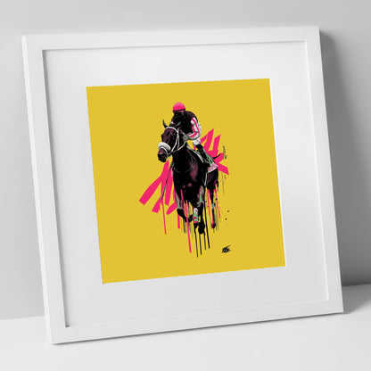 Neon Gallop racing horse art print in white frame