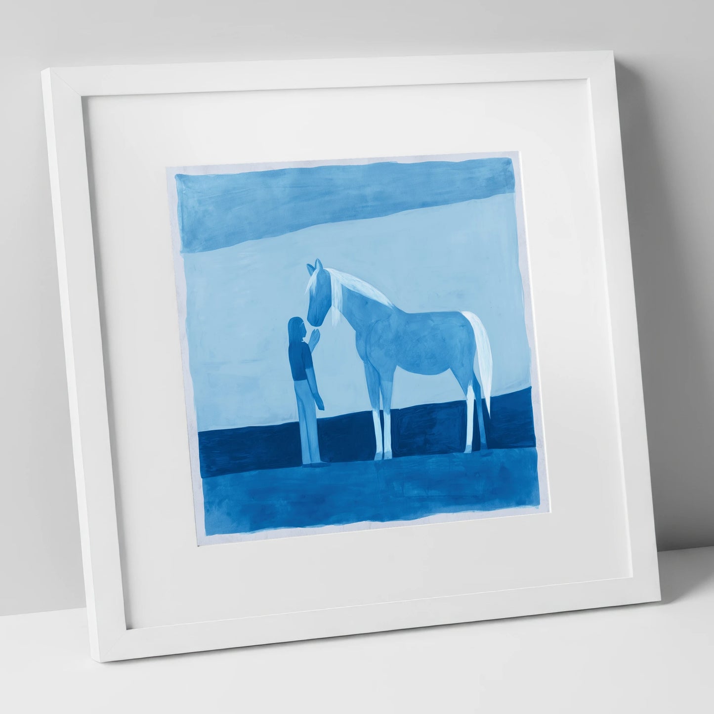 Cerulean Bond horse & rider art print in white frame