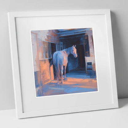 Quiet Light in the Yard horse stable art print in white frame