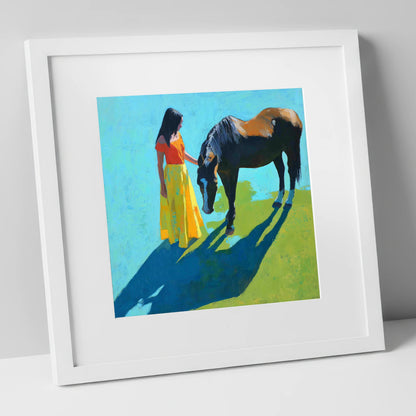 Sunlit Connection horse & rider art print in white frame