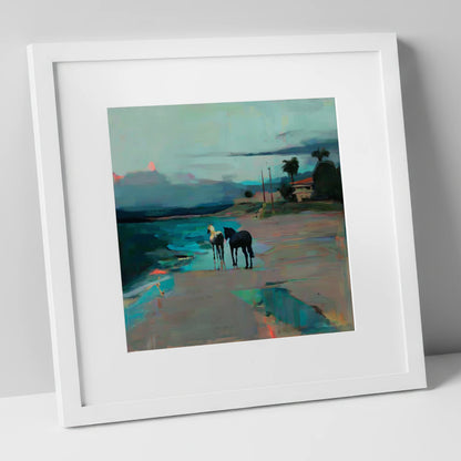 Dusk on the Shoreline horse landscape art print in white frame