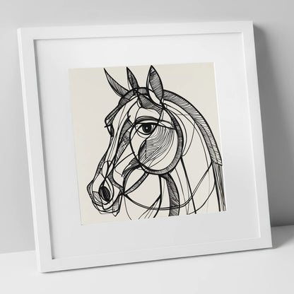 Bold Linear Equine horse portrait art print in white frame